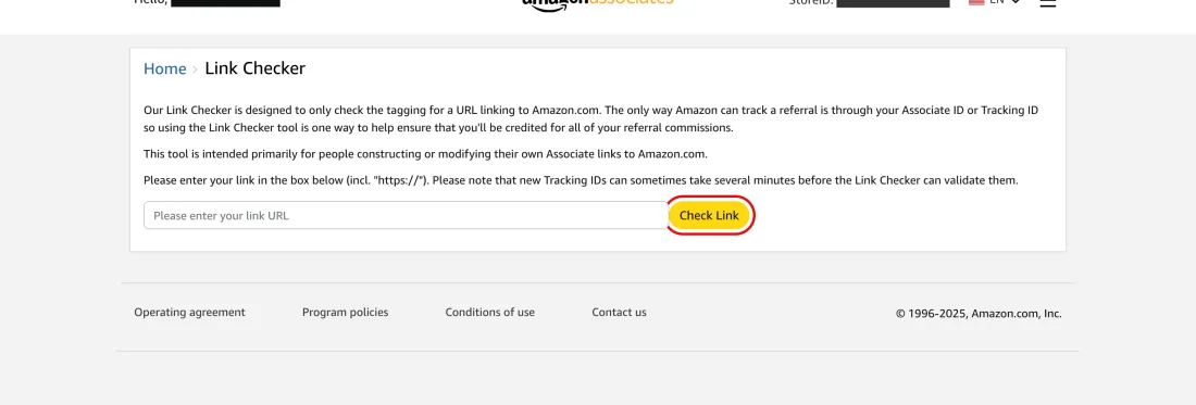 Screenshot of Tools, Link Checker: paste any Amazon link to confirm it carries your Associate ID or Tracking ID, Amazon Associates, with Check Link outlined in red