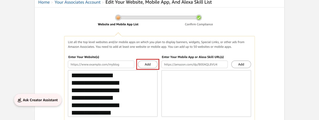 Screenshot of Account Settings, Edit Your Website, Mobile App, And Alexa Skill List: the box every site must be entered in before a link goes live, Amazon Associates, with Add outlined in red