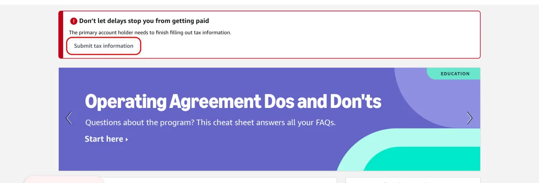 Screenshot of Associates Central home, the red banner that stays until the tax interview is done, Amazon Associates, with Submit tax information outlined in red