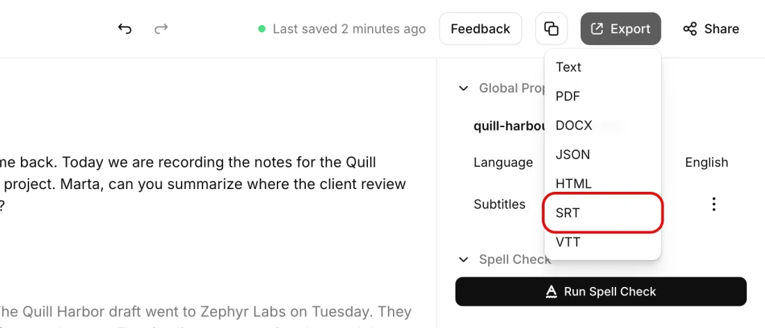 Screenshot of Export menu of the Transcript Editor, seven formats, ElevenLabs, with SRT outlined in red