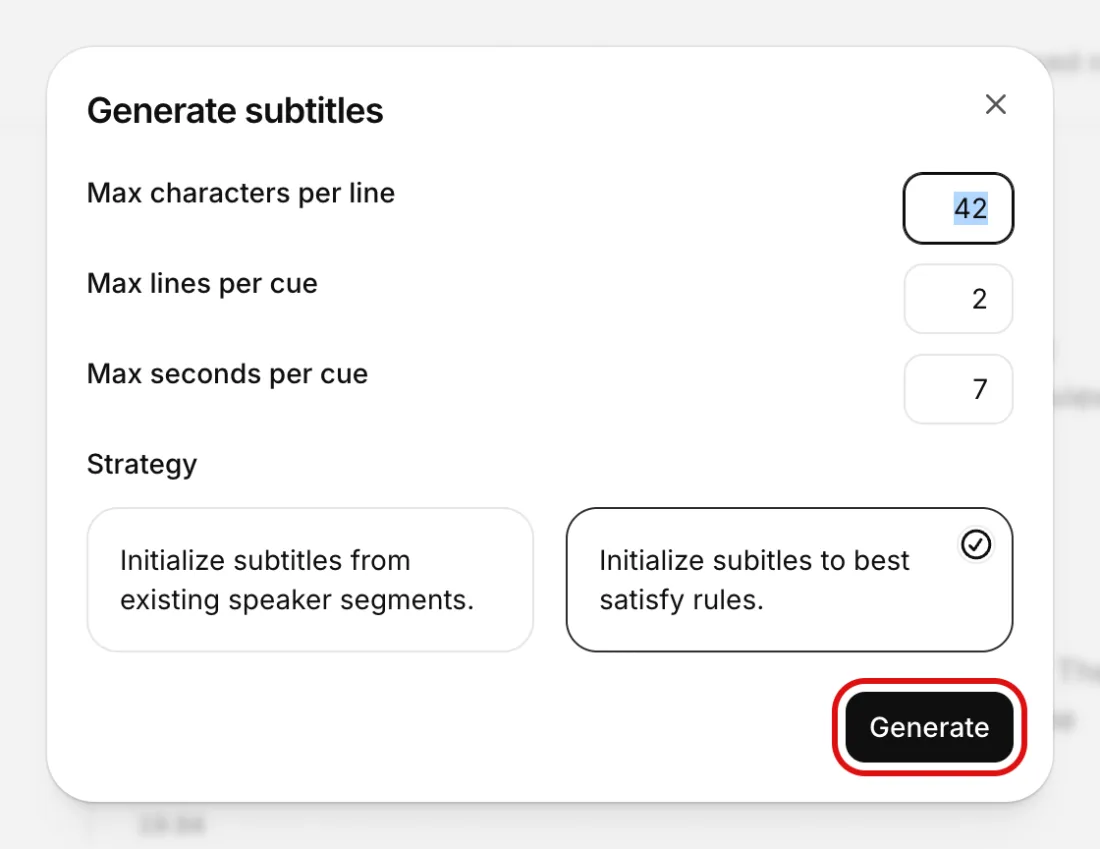 Screenshot of Generate subtitles window that opens the first time you pick SRT or VTT under Export, ElevenLabs, with Generate outlined in red
