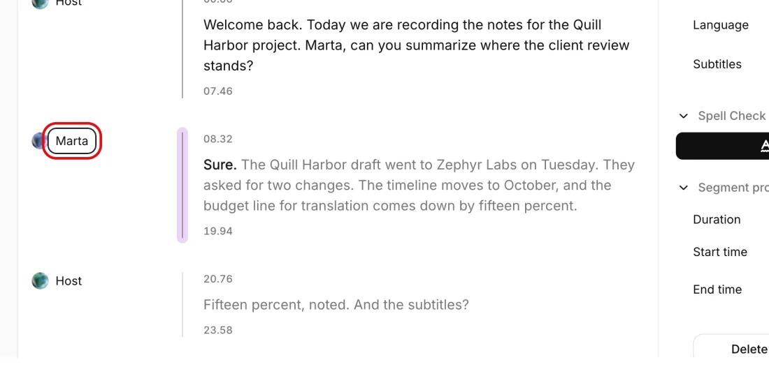 Screenshot of Transcript Editor, a speaker label opened as a text field for renaming, ElevenLabs, with Marta outlined in red