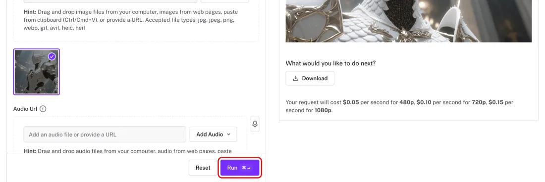 Screenshot of Model page, Playground tab of an image-to-video model: the reference image slot, the Run button and the per-second price for each resolution shown before you submit, fal.ai, with Run outlined in red