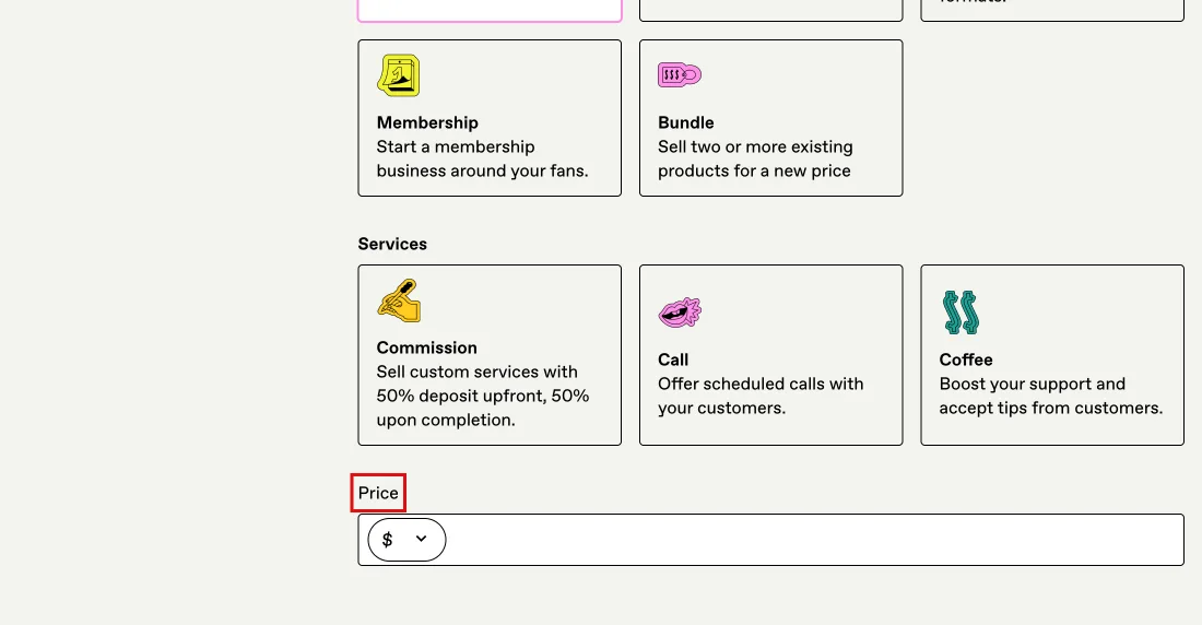Screenshot of Products, New product: the product-type tiles and the Price field at the bottom of the form, Gumroad, with Price outlined in red