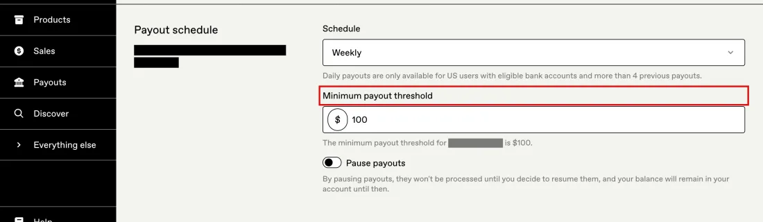 Screenshot of Settings, Payments, the Payout schedule block: Weekly, the minimum payout threshold for your country, and Pause payouts, Gumroad, with Minimum payout threshold outlined in red