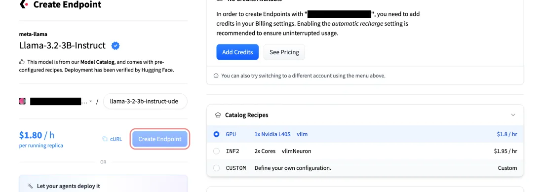 Screenshot of Inference Endpoints, Create Endpoint for a Catalog model: the hourly price per running replica, the pre-selected GPU recipe and the No Credits notice that blocks the button until billing is set up, Hugging Face, with Create Endpoint outlined in red