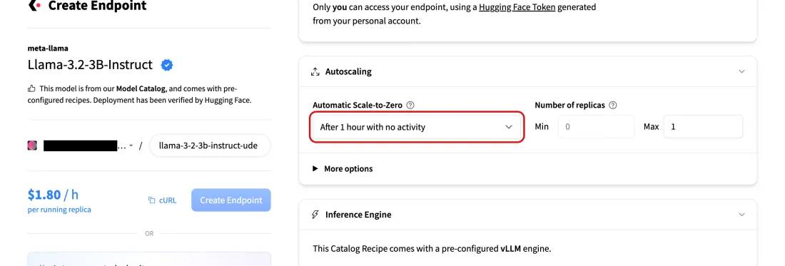 Screenshot of Create Endpoint, Autoscaling block: the idle timer that takes the endpoint to zero replicas, where it stops billing, Hugging Face, with Automatic Scale-to-Zero outlined in red