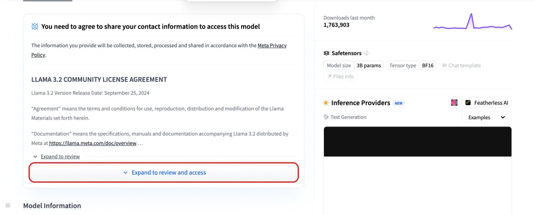 Screenshot of Model card of a gated model: the contact-sharing notice and the licence text that must be accepted before the weights can be pulled, Hugging Face, with Expand to review and access outlined in red