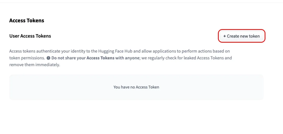 Screenshot of Settings, Access Tokens: the empty list and the button that makes the token your code sends with every request, Hugging Face, with Create new token outlined in red