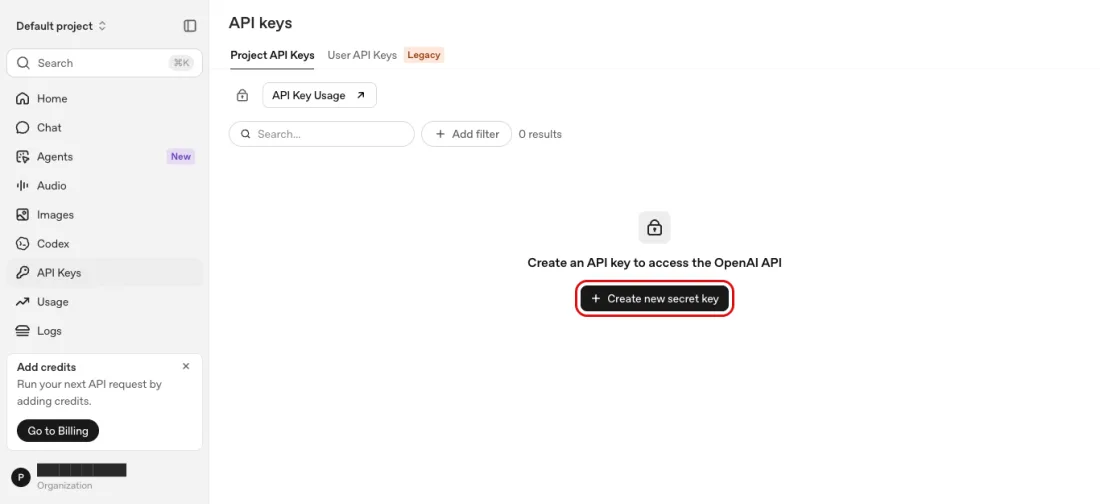 Screenshot of API Keys page of a project, empty list, the button that makes the first key, OpenAI API, with Create new secret key outlined in red
