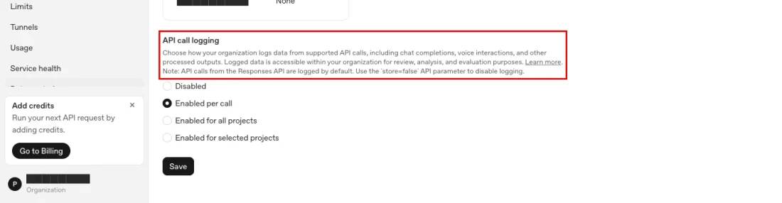 Screenshot of Settings, Organization, Data controls, Data retention tab: the API call logging block with the store=false note and four options, OpenAI API, with API call logging outlined in red