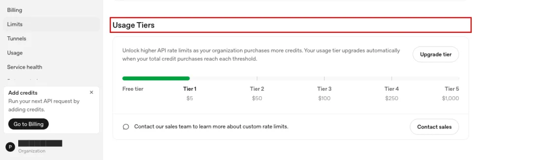 Screenshot of Settings, Organization, Limits: Free tier to Tier 5 with the credit purchase that unlocks each, OpenAI API, with Usage Tiers outlined in red