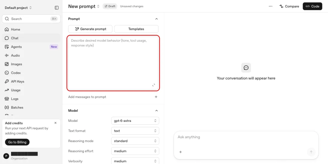 Screenshot of Chat playground, the Prompt box where the brief goes as the instruction, above the Model settings, OpenAI API, with Describe desired model behavior (tone, tool usage, response style) outlined in red