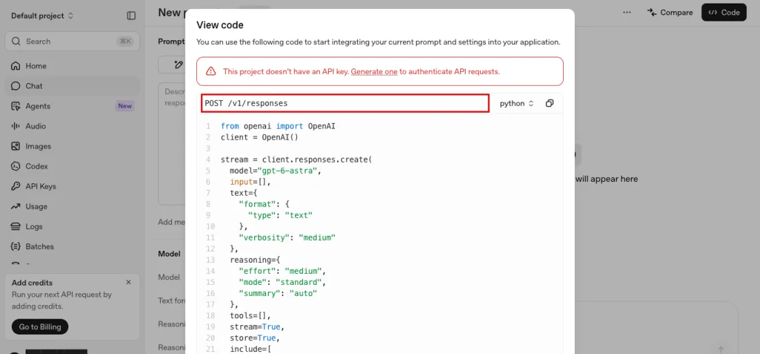 Screenshot of View code panel of the Chat playground, the Python request with store=True on line 20, OpenAI API, with POST /v1/responses outlined in red