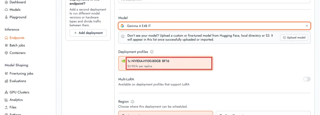 Screenshot of Endpoints, New endpoint: the model picked and the deployment profile it runs on, with the price per replica per hour, Together AI, with 1x NVIDIA-H100-80GB BF16 outlined in red