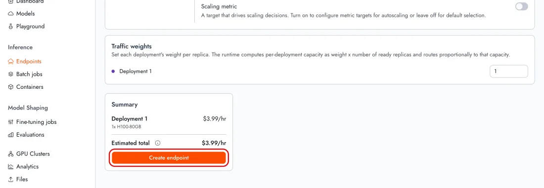 Screenshot of New endpoint, Summary: the estimated hourly total for one replica, the number the day and the month are priced from, Together AI, with Estimated total outlined in red