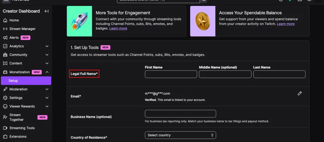 Screenshot of Creator Dashboard, Monetization, Setup: step 1 of onboarding, legal name, verified email, business name and country before the agreement and tax interview, Twitch, with Legal Full Name* outlined in red