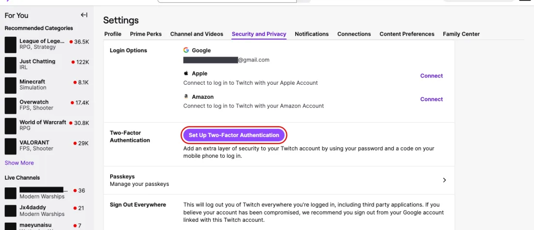 Screenshot of Settings, Security and Privacy: Login Options and the Two-Factor Authentication button that must be done before onboarding, Twitch, with Set Up Two-Factor Authentication outlined in red