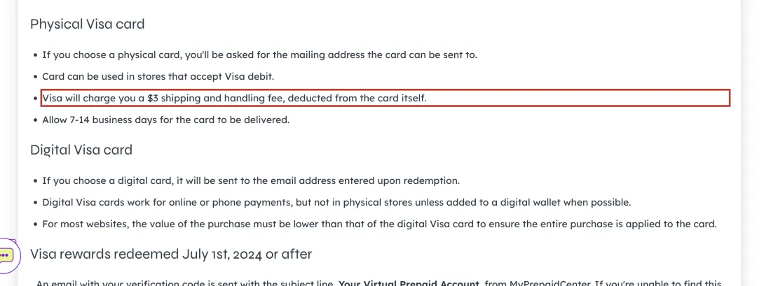 Screenshot of Fetch's own page with the sentence outlined: Visa will charge you a $3 shipping and handling fee, deducted from the card