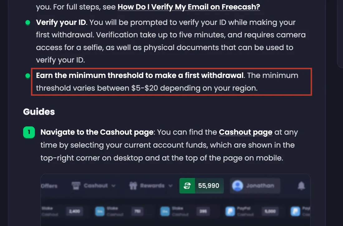 Screenshot of Freecash's own page with the sentence outlined: Earn the minimum threshold to make a first withdrawal