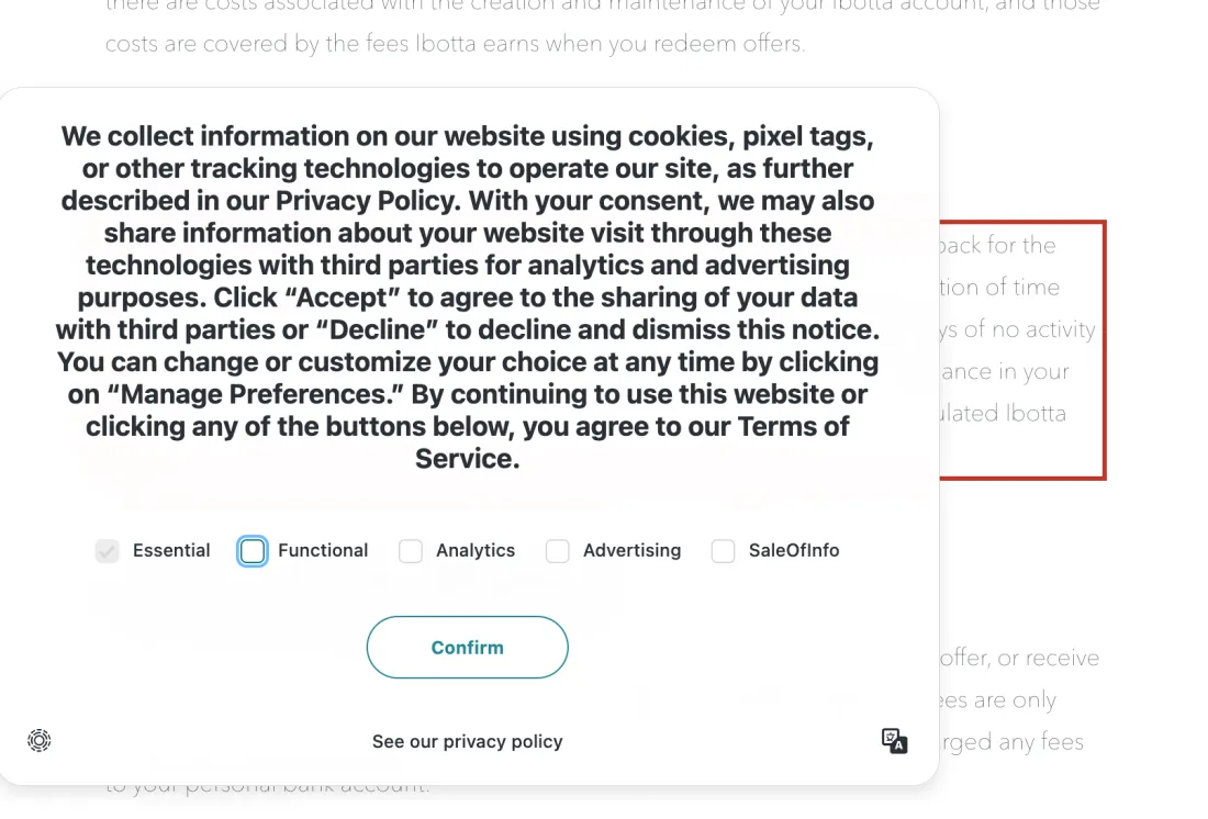 Screenshot of Ibotta's own page with the sentence outlined: Activity is defined as completing a redemption of an offer and receiving cash back