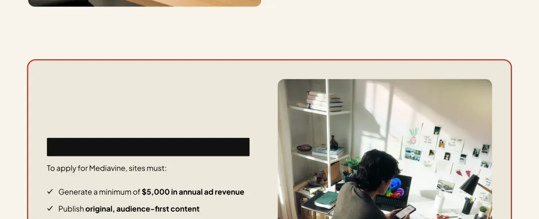 Screenshot of Mediavine's own page with the sentence outlined: Generate a minimum of $5,000 in annual ad revenue