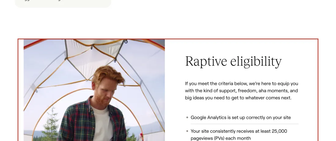 Screenshot of Raptive's own page with the sentence outlined: Your site consistently receives at least 25,000 pageviews (PVs) each month